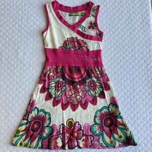 Desigual Girls Size 3/4 Pink White Floral Printed Sleeveless A Line Dress